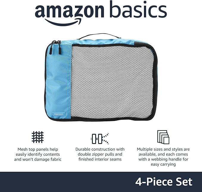 Amazon Essentials 4-Piece Packing Cubes Travel Accessories Set, Luggage Organizer with Double Zipper, Mesh Top, 100% Polyester, Medium, Sky Blue (Previously Amazon Basics)