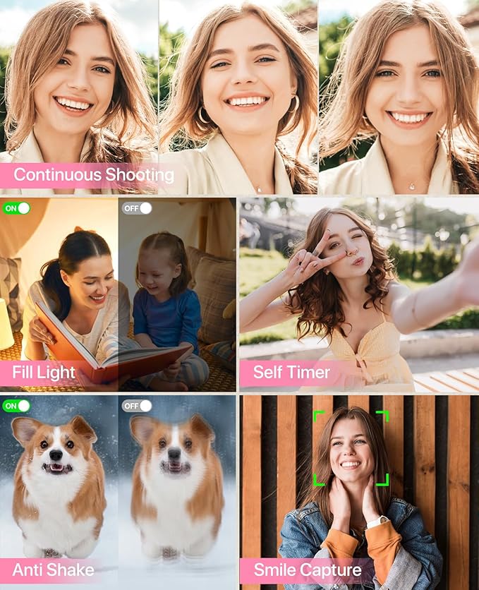 Digital Camera, 4K Vlogging Camera for YouTube Autofocus Cameras for Photography with 16X Digital Zoom, 48MP Compact Point and Shoot Digital Camera for Teens Adult with 32GB SD Card, 2 Batteries-Pink