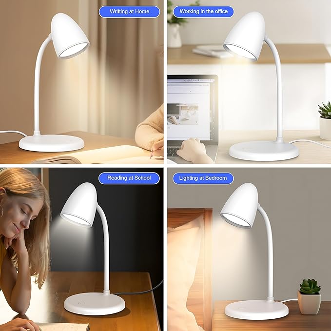 LED Desk Lamp for Home Office,3 Light Colors,Flexible Gooseneck Table Lamp,Dimmable Reading Light for Bedside Small Desk Lamp for College Dorm Room,Bedroom Desk Light,White