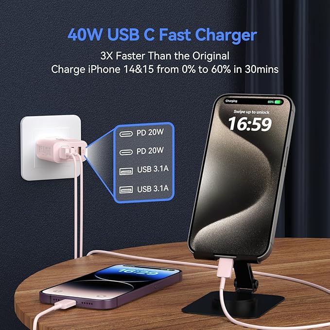 USB C Wall Fast Charger Block, 40W 4-Port Type C Chargers Fast Charging Blocks PD Power Charger Adapter+QC 3.0 USB Multiport Charger Brick for Phone 17/16/15/14/13/12 Pro Max, i-Pad, Galaxy S25-2Pack