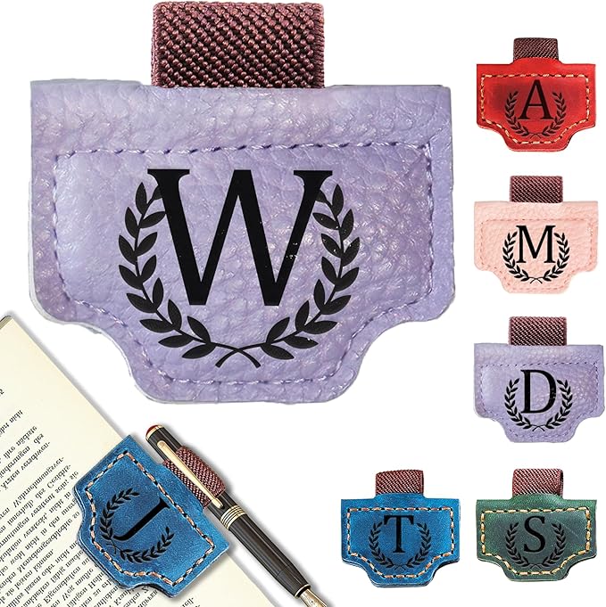 Personalized Bygone Mark Bookmark with Pen Holder, Leather Magnetic Bookmark 26 Letters Name Initial Bookmarks for Readers, Book Lover Gifts for Women Men Notebook Accessories (Purple, W)