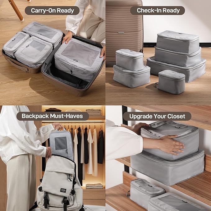 EPICKA TripCozy Compression Packing Cubes - 4 Set Durable Travel Organizer Bags with Mesh Top, Expandable Travel Accessories for Carry on, Luggage, Suitcase, Backpack (Light Grey)