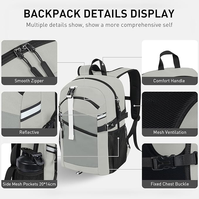 20L Lightweight Hiking Backpack for Men & Women – Small Travel Daypack with Phone Pocket – Durable & Compact for Hiking,Traveling,Camping,and Outdoor Adventure,Grey