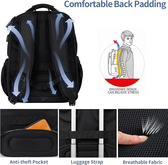 VANKEAN Travel Laptop Backpack 17.3 Inch TSA Friendly, Water-Repellent Anti Theft XL Computer Backpack with RFID Pockets College Backpacks with USB Port for Men Women Business Work Bag, Black