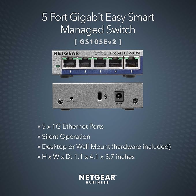 NETGEAR 5-Port Gigabit Ethernet Easy Smart Managed Switch (GS105Ev2) - Managed, Desktop or Wall Mount, and Limited Lifetime Protection