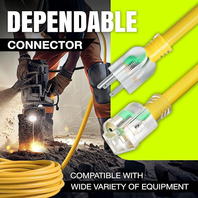 100ft Outdoor/Indoor Extension Cord 12/3 Gauge Extra Heavy Duty 3 Prong SJTW, Waterproof, Flexible Cold-Resistant Long Power Cord,15A 125V 1875W, Yellow by LifeSupplyUSA