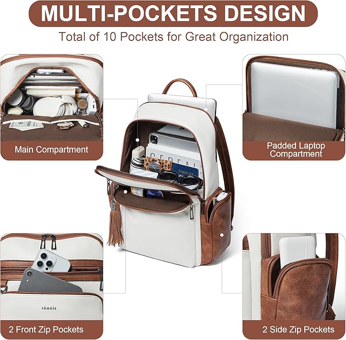 Shrrie Laptop Backpack for Women Fits 16 inch Laptop,Designer Backpacks for Women with Computer Compartment to Business (Beige)