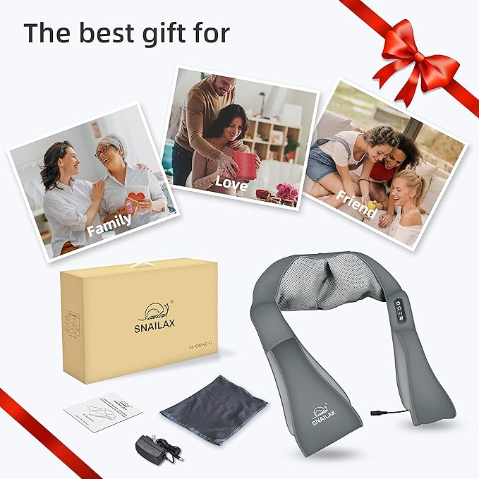 Snailax Cordless Neck Massager, Shiatsu Back Shoulder Massager with Heat, Portable Rechargeable Massagers for Neck and Back Pain Relief, Electric Massager Pillow, Gift for Women,Men(Grey)