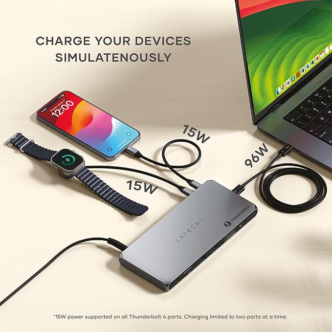 Satechi Thunderbolt 4 Dock 100W Charging, Dual Monitor HDMI 4K/60Hz, 40Gbps Data Transfer, 2 USB-A 3.2, Ethernet, Thunderbolt 4 Dock for MacBook Air/Pro M4, Mac/Windows, DisplayLink Software Required