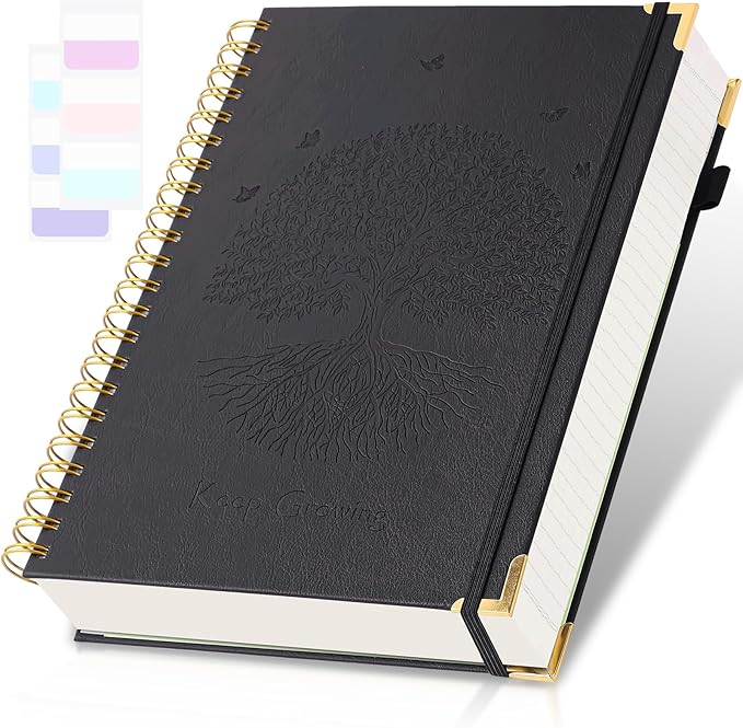 Spiral Notebook, College Ruled Notebook, 8.5" x 11", 300 Pages Leather Journals for Writing, A4 Hardcover Journaling Notebooks for Work School, 24pcs Tabs, Large Embossed Journal for Women Men, Black
