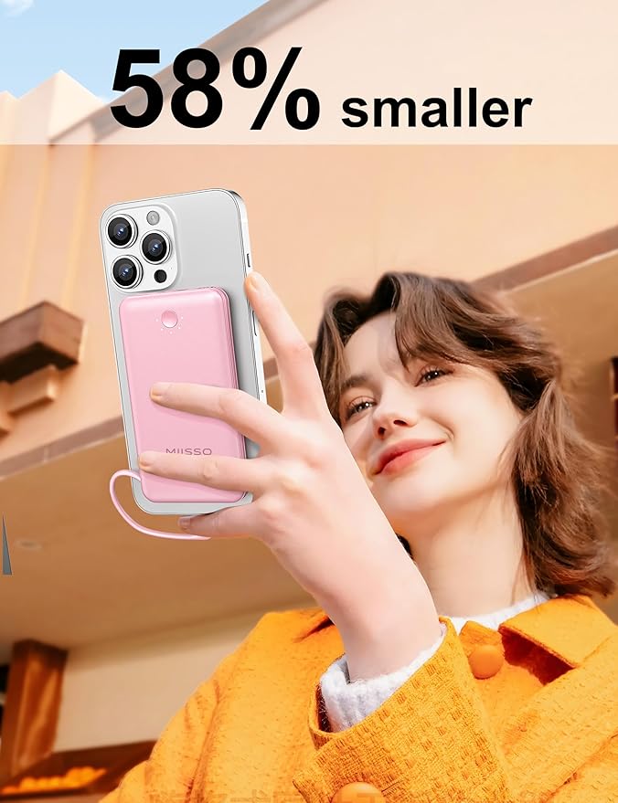 Ultra Slim 10000mAh Power Bank Built-in Cables and AC Wall Plug, Pocket Size USB C Portable Charger, External Battery Pack Compatible with iPhone Samsung, Package in Purple Hard Travel Case, Pink