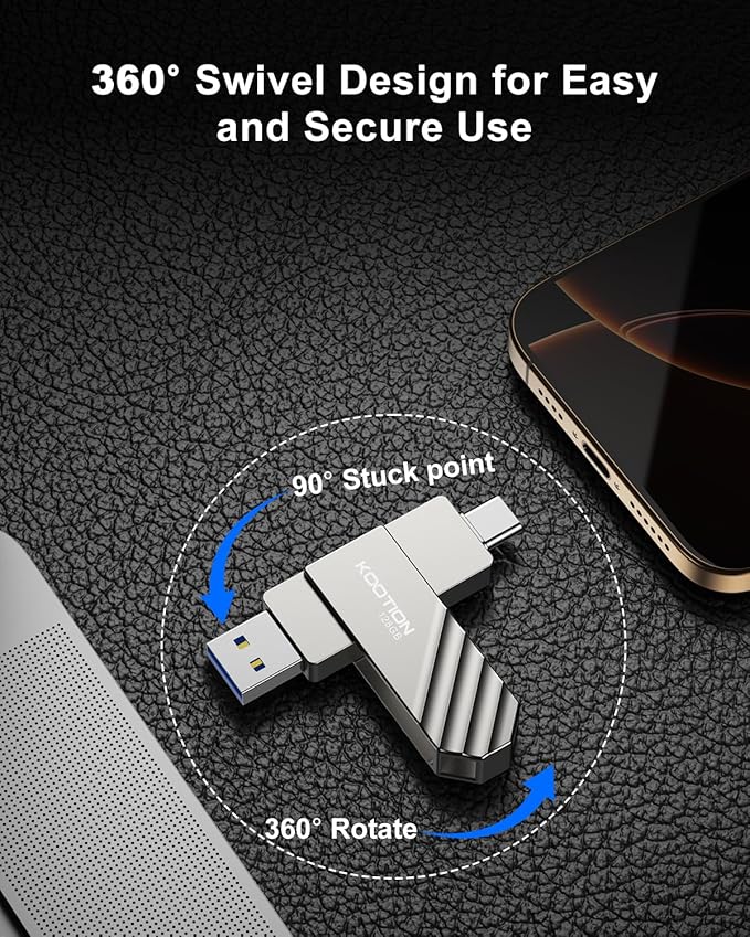 KOOTION USB-C Flash Drive 128GB, USB 3.2, Solid State, Swivel, Up to 450MB/s, Compatible with iPhone 15/16, Metal, 2-in-1 OTG, Silver
