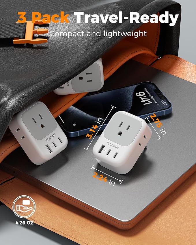 3 Pack European Travel Plug Adapter, TESSAN Type C Charger Plug with 4 Outlets 3 USB (2 USB-C), US to Europe Plug Adapter for Italy, Spain, France, Portugal, Greece, Iceland, Travel Essentials