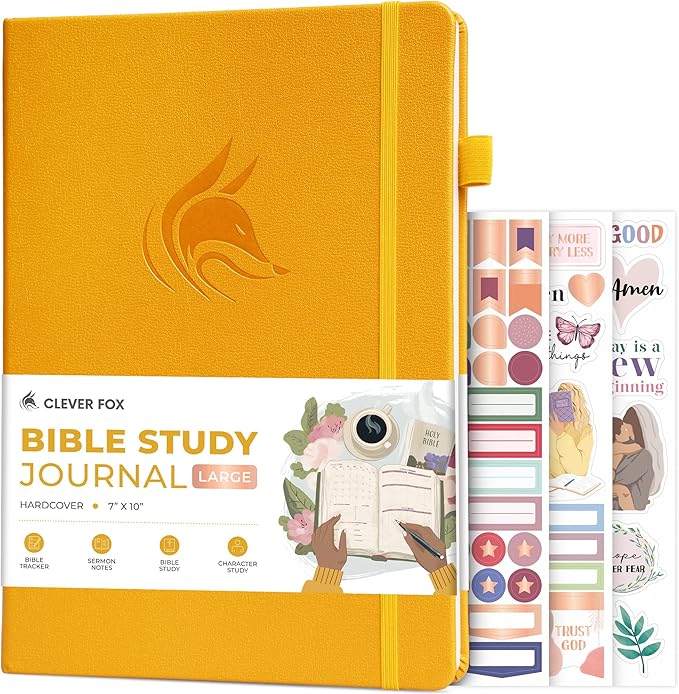 Clever Fox Bible Study Journal Large – Church Notes Notebook – Note Taking & Journaling Kit – Faith Based Religious Accessories, 7x10” (Amber Yellow)