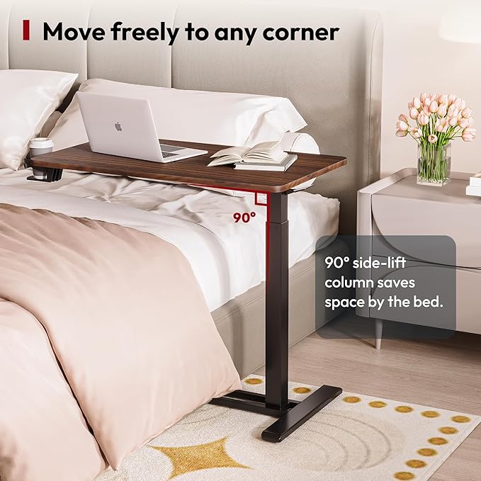 SANODESK Medical Adjustable Overbed Bedside Table with Hidden Casters, Pneumatic Mobile Laptop Computer Standing Desk Cart with Tray, Hospital and Home Use(31.5" W x 17.7" D, Walnut)