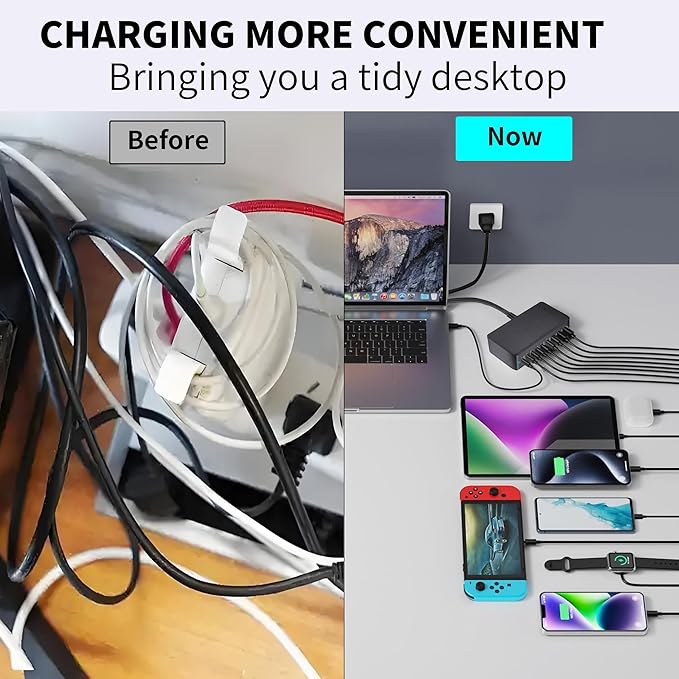 600W Desktop Charger,8-Port USB C Charging Station Fast Charging Block, GAN3 Multi Device Charging Block Laptop Charger Adapter,Charging Hub for iPhone, iPad, MacBook, Samsung and Home Office Use