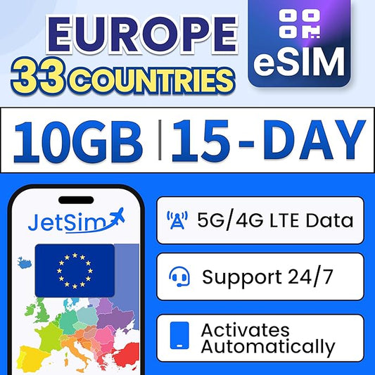 eSIM Europe | 15-Day Plan | 10GB High-Speed Data + Unlimited Basic Data | Travel SIM Card for European Roaming, France, Italy, Germany