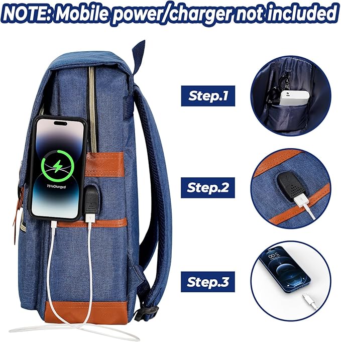 Ronyes Vintage Laptop Backpack for Women Men,15.6 inch Bookbag Casual Daypack with USB Charging Port for College Work, Blue Backpacks