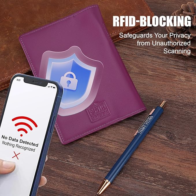 STAR VISTA Phoenix Leather Passport Holder, Calfskin Travel Wallet - RFID Blocking, ID Window, Zipper Pocket, Pen & Notebook Included, Violet