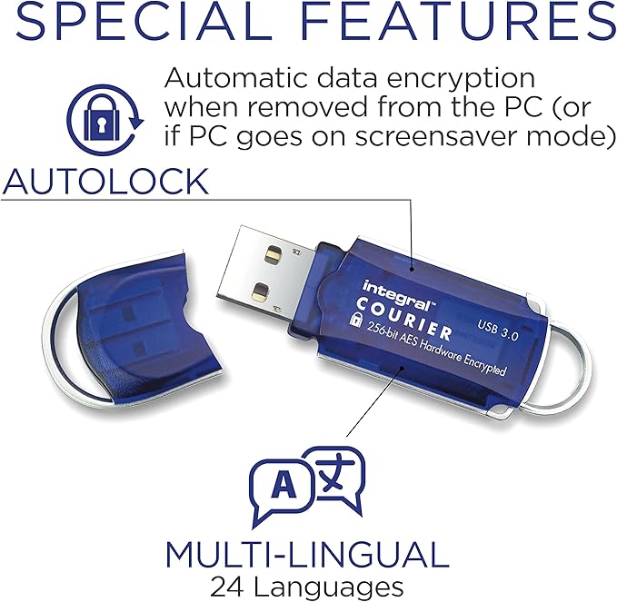Integral 64GB Courier-197 256-Bit Hardware Encrypted 3.0 USB Secure Flash Memory Drive - Certified to FIPS 197, Brute-Force Password Attack Protection & Super USB3.0 Transfer Speeds