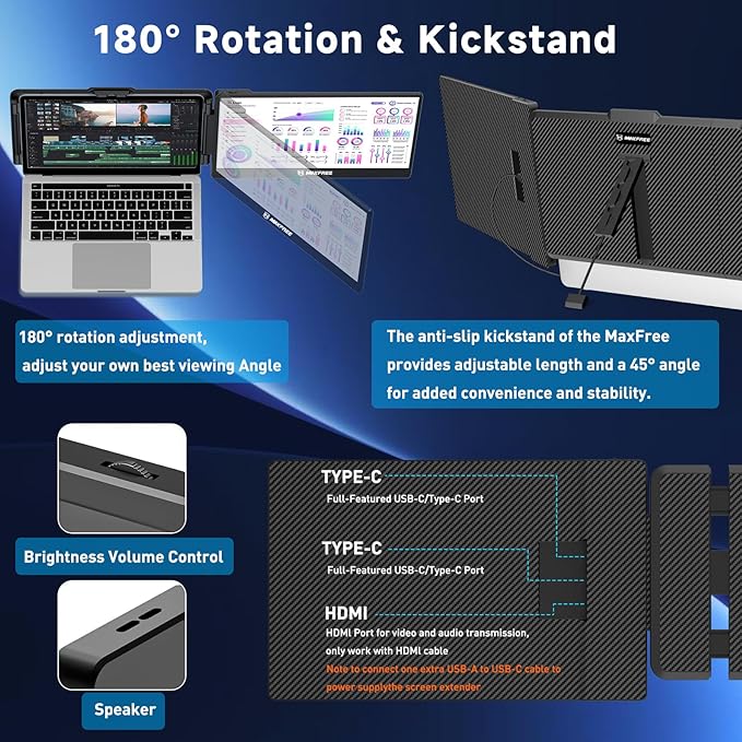 Maxfree Laptop Screen Extender, S1 14'' Laptop Monitor Extender Dual Screen Plug & Play, 1080P FHD Portable Monitor for 13.3-17'' Laptops, Compatible with macOS/Windows/Dex/Android/Switch/PS5