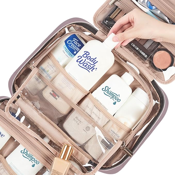 NISHEL Travel Toiletry Bag for women, Portable Hanging Organizer for Full-Sized Shampoo, Conditioner, Brushes Set, Makeup Accessories, Large Size, Peach Pink