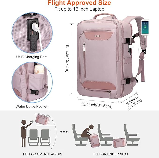 PIJUSHI Travel Backpack for Women Flight Approved Carry on Bag 16 inch Laptop Personal Item Daypack with Shoe Compartment(PE038 Light Purple)