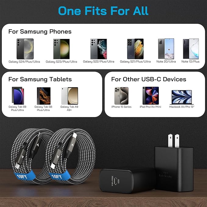 45W Super Fast Charger USB C, 45 Watt Type-C Android Phone Charger Fast Charging Block with 10FT Type C Cords for Samsung Galaxy S25 Ultra/S24 Ultra/S24+/S23 Ultra/S23+/S22 Plus/S20, Tab S9/S8 Ultra