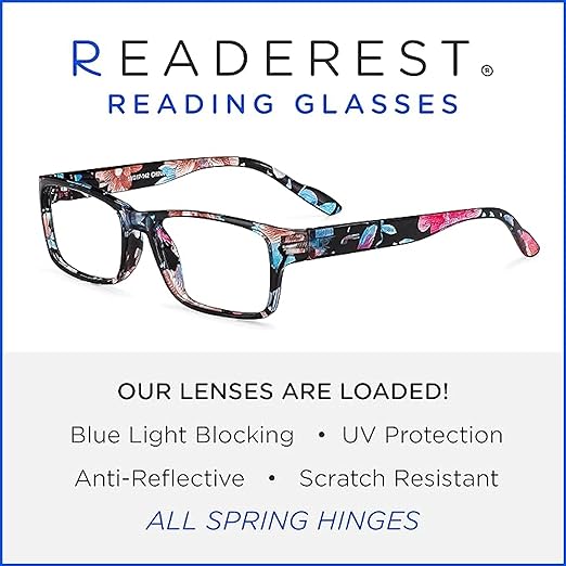 Readerest 3.0 Blue Light Reading Glasses - Lightweight Computer Glasses - Eye Strain, UV Glare Protection (Floral)