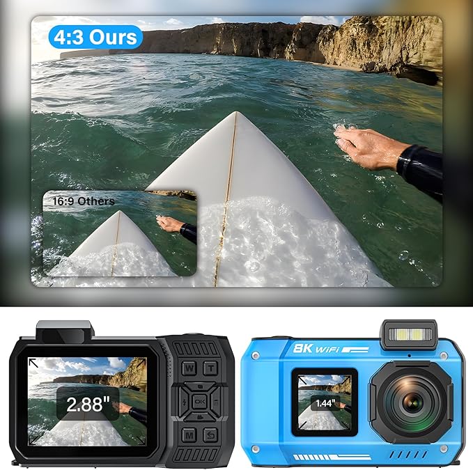 8K UHD 70MP WiFi Digital Camera with 64GB Card Rugged Waterproof Dustproof Shockproof Dual-Screen Selfie 33FT Underwater Camera for Snorkeling Autofocus Point and Shoot Digital Camera (Blue)