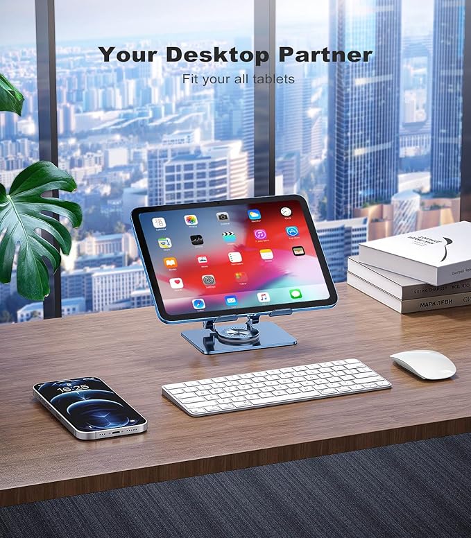 Swivel Tablet Stand with 360 Rotating Base, Adjustable Holder for Drawing, Compatible with iPad Pro/Air/Mini and More (Blue)