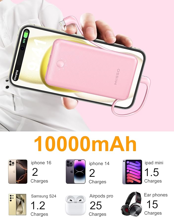 Ultra Slim 10000mAh Power Bank Built-in Cables and AC Wall Plug, Pocket Size USB C Portable Charger, External Battery Pack Compatible with iPhone Samsung, Package in Purple Hard Travel Case, Pink