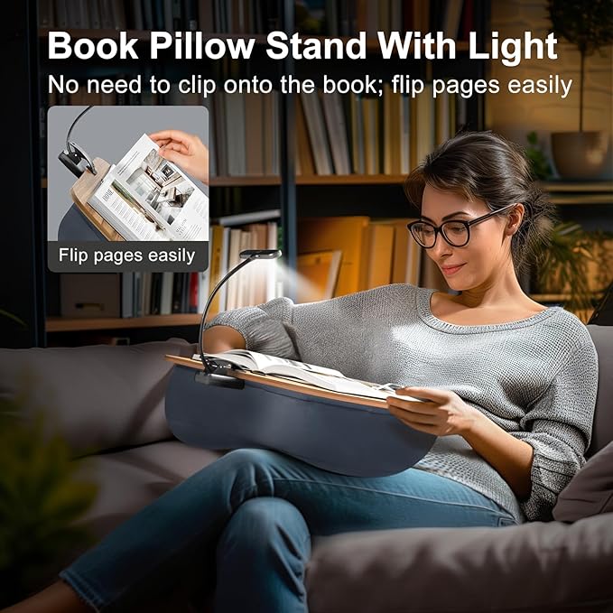 Beanbag Pillow Stand With 6500K Reading Light, Hands Free Holder, Comfortable Lap Stand for Reading in Bed, Desk, or Sofa, Wooden Rest for Book Lovers, AAA Battery Required