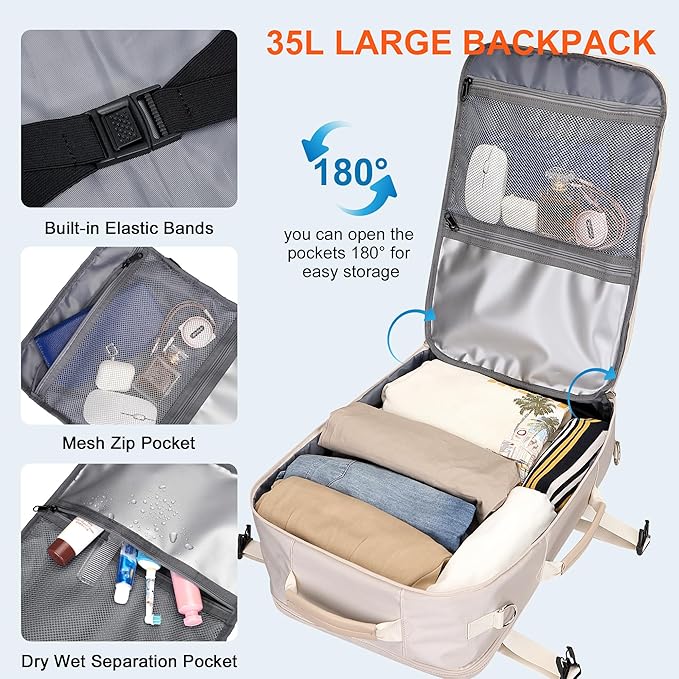 PIJUSHI Travel Backpack for Women Flight Approved Carry on Bag 16 inch Laptop Personal Item Daypack with Shoe Compartment(PE038 Beige)