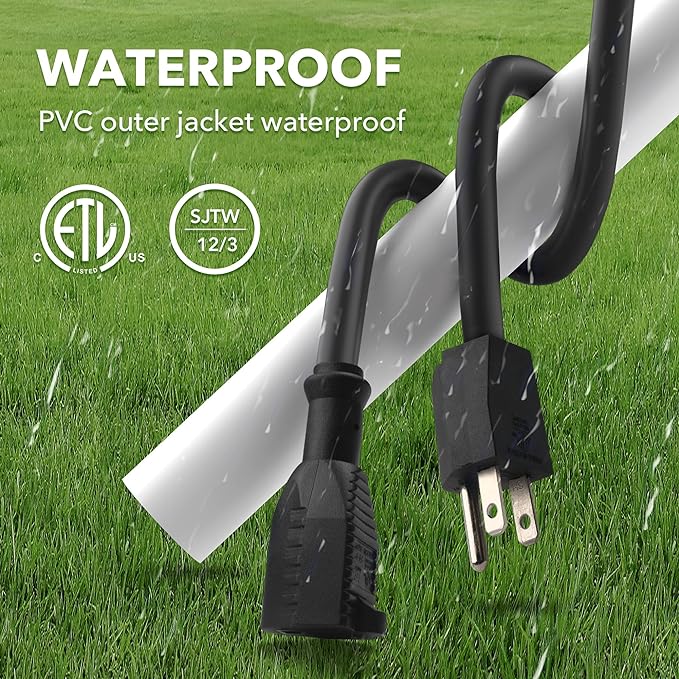 BN-LINK 3ft Outdoor Extension Cord, 15amps,12/3 SJTW Heavy Duty Power Cord, 3-Prong Grounded Plug, Weather Resistant, 1875W, Black, for Lawn, Garden, Appliances, ETL Listed