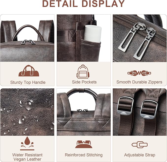 Shrrie Laptop Backpack for Women,Vegan Leather Backpack Work Computer Backpacks fits 16" Laptop,Water Resistant Teacher Nurse Casual Daypack for Weekender Camping Travel,Two-toned Coffee