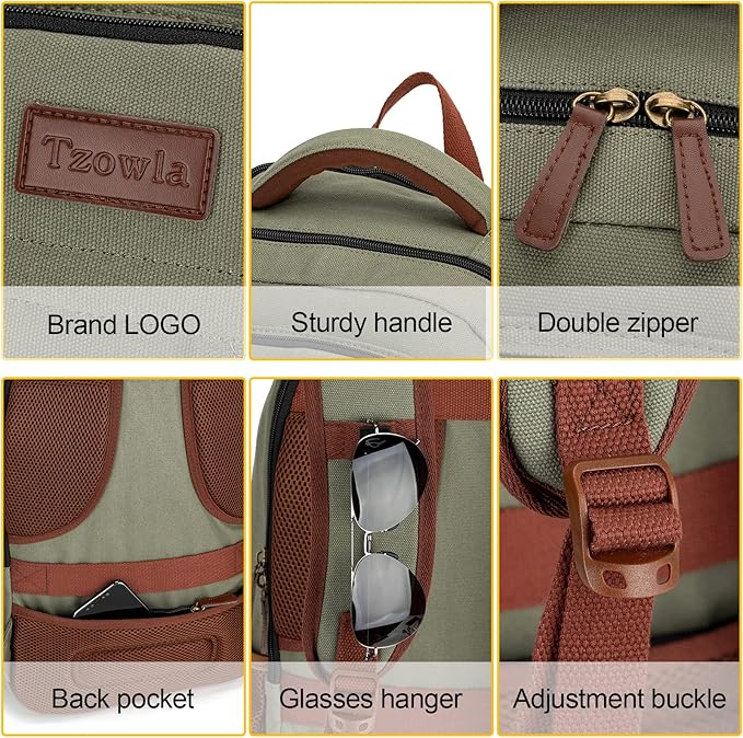 Tzowla Canvas Laptop Backpack, Bag for Men Women,Travel Work Rucksack Fits 15.6 Inch Laptop, Bookbag with USB Charging Port