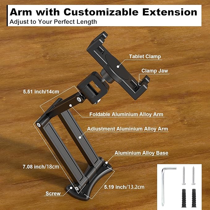 Tablet Wall Mount, Aluminum Sturdy iPad Wall Mount Holder for 7"-12.9" Tablets, 360° Swivel Arm, Easy Installation, Perfect for Classroom Gym Kitchen - Compatible w/iPad Pro Air Mini Samsung