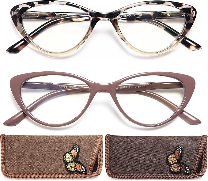 EYEURL Cat Eye Reading Glasses for Women 2 Pair Blue Light Blocking Readers 2.75 Comfort Spring Hinge Lightweight Eyeglasses Anti Glare for Ladies