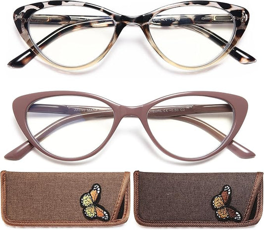 EYEURL Cat Eye Reading Glasses for Women 2 Pair Blue Light Blocking Readers 2.50 Comfort Spring Hinge Lightweight Eyeglasses Anti Glare for Ladies