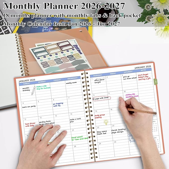 2026 Calendar Monthly Planner (7.4'' x 9.6''), 18 Months Monthly Planner from Jan 2026-Jun 2027, Calendar 2026 Planner with Pocket, 120GSM Paper, Pink
