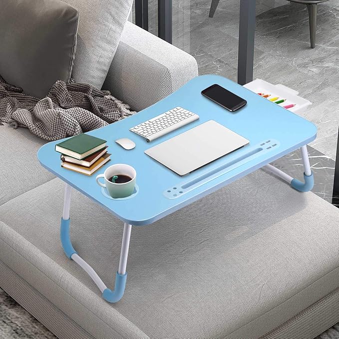 Slendor Lap Desk with Tablet Slot, Foldable Laptop Table with Storage Drawer for Bed，Portable Bed Desk for Laptop, Computer Tray with Cup Holder Notebook Stand Reading Holder for Couch Floor, Blue