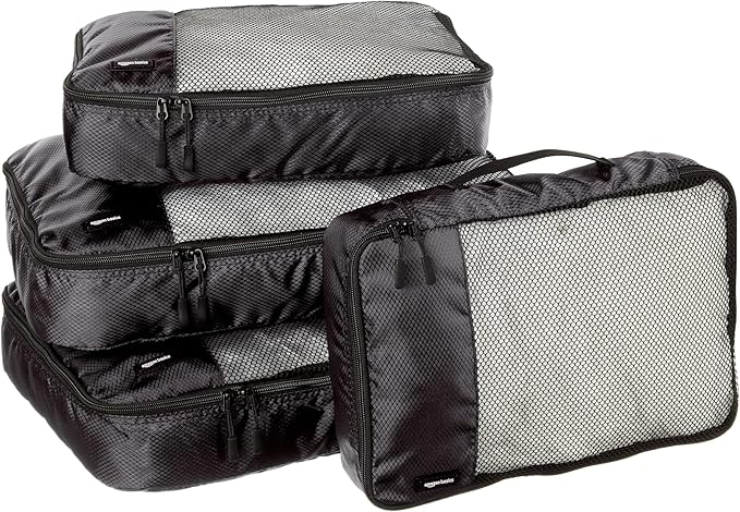 Amazon Essentials 4-Piece Packing Cubes Travel Accessories Set, Luggage Organizer with Double Zipper, Mesh Top, 100% Polyester, 2 Medium/2 Large, Black (Previously Amazon Basics)