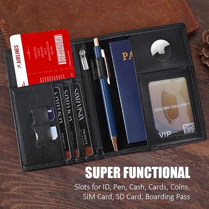 STAR VISTA Phoenix Leather Passport Holder, Calfskin Travel Wallet - RFID Blocking, ID Window, Zipper Pocket, Pen & Notebook Included, AirTag Holder, Black