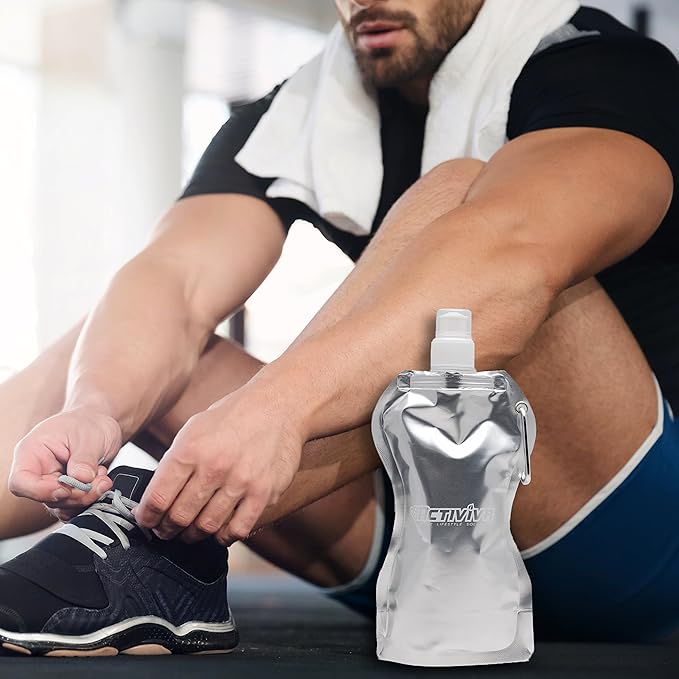 Collapsible Reusable Water Bottle with Carabiner Clip by Activiva - Light Weight Leak Proof Foldable Drinking Water Bottle - Non-Toxic BPA Free - 16.9 oz - 4 Pack