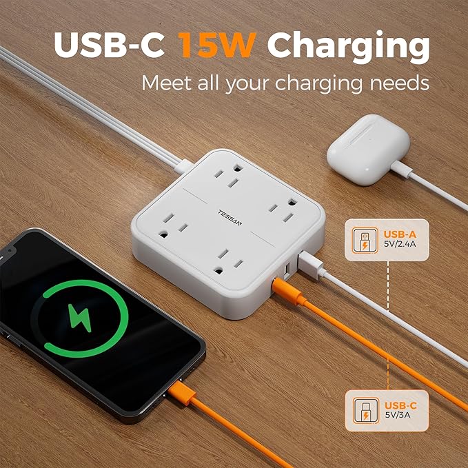 Surge Protector Flat Extension Cord 15Ft, TESSAN Flat Plug Power Strip with 4 Outlets 3 USB Ports (1 USB C), 900 Joules Protection, Multiple Wall Outlet Extender Suitable for Home Office Dorm, White