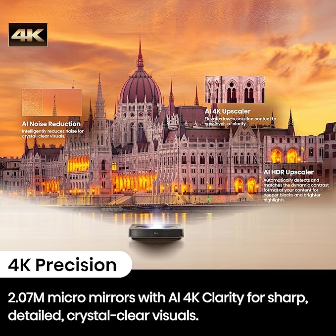 Hisense PT1 Ultra Short Throw Triple Laser Projector, 4K UHD, Google TV, 80'' - 150'', 2500 Lumens, 3000:1 Contrast, IMAX Enhanced, Dolby Vision & Atmos, 3D, 240 High Refresh Rate