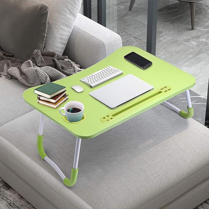 Slendor Lap Desk with Cup Holder, Foldable Laptop Table for Bed, Portable Bed Desk for Laptop and Writing, Computer Tray with Tablet Slot, Notebook Stand Reading Holder for Couch Sofa Floor,Green