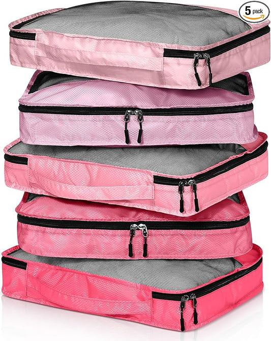 5 Pcs Packing Cubes for Suitcase Large Travel Cubes Carry on Luggage Organizer Bags for Clothes Accessories(M,Pink)