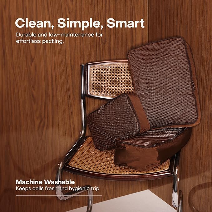 Packing Cells - 4 Set Packing Cubes Luggage Organizer Bags (S, M, 2 x L), Must-Have Suitcase Organizer for Travel, Road Trip & Camping Accessories, Stain-proof, Washable, 3 Sizes - Dark Brown